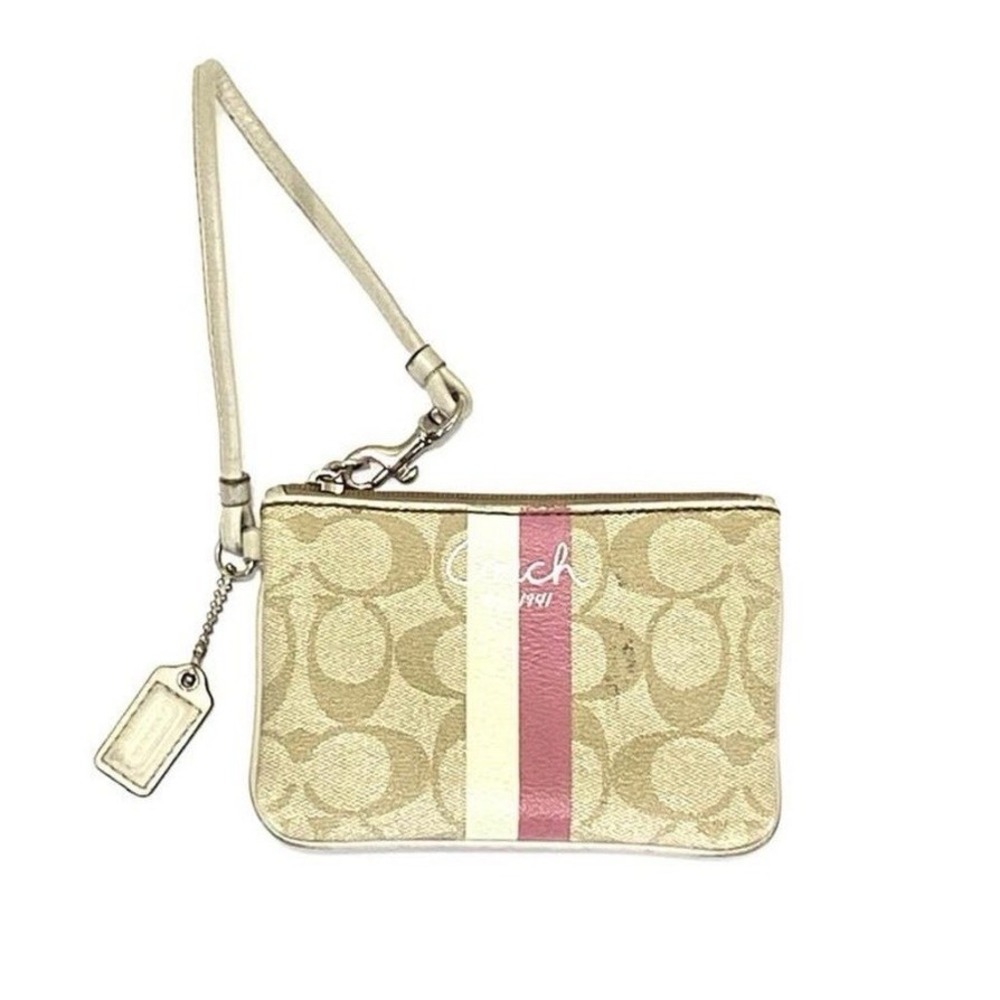 Vintage Coach Logo Signature Stripe 1941 Wristlet Pink Beige Mini Purse Bag